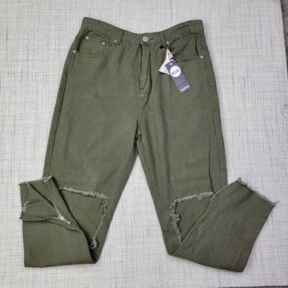 Boohoo‎ Blue Women's Ripped Zip Hem High Rise Khaki Mom Jeans Green Size 10 NWT